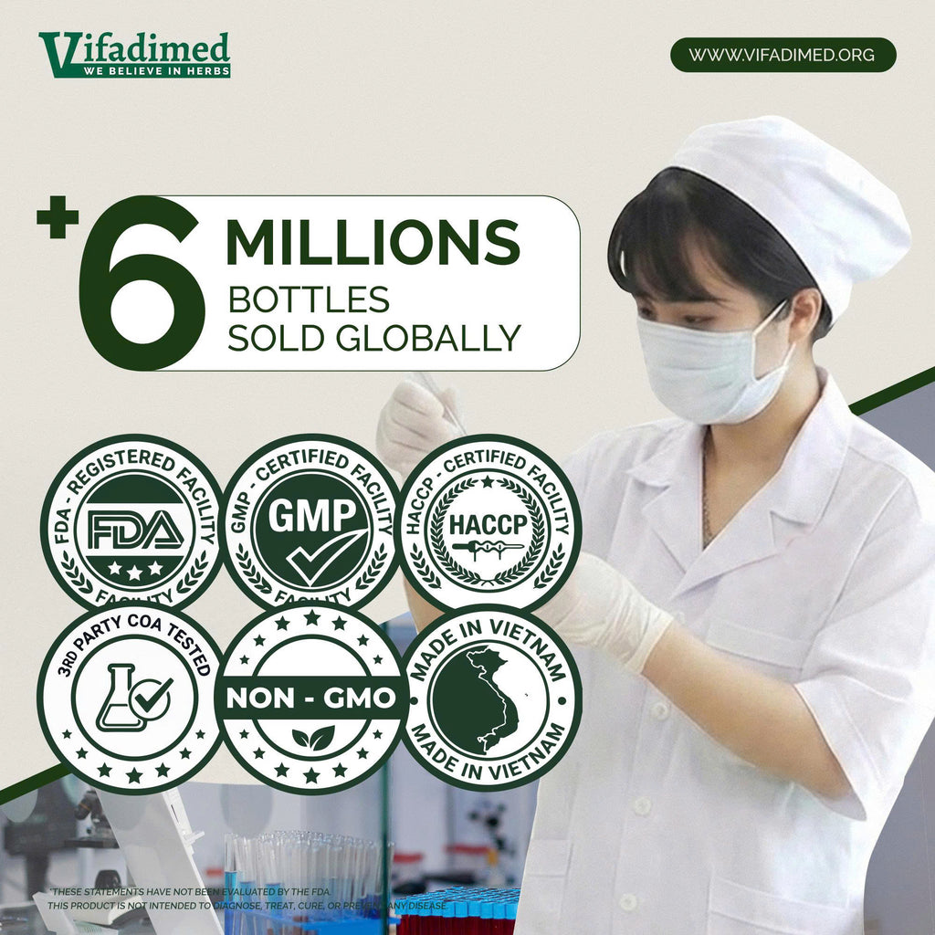 Nurse in white uniform and mask with Vifadimed branding and product certification logos.