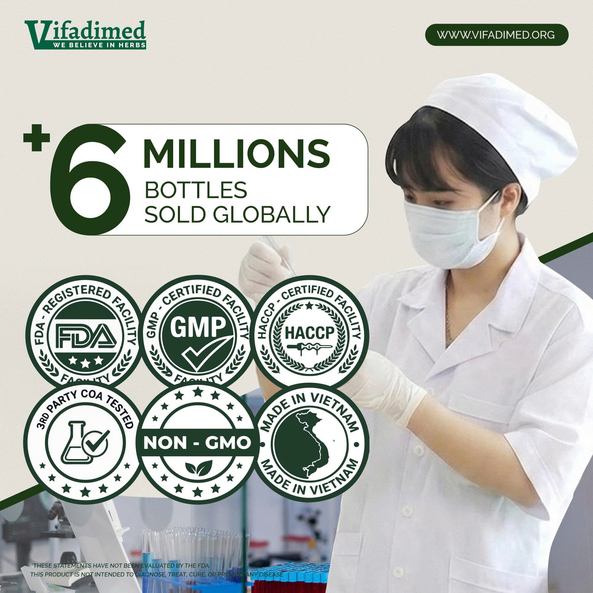 Nurse in white uniform and mask with Vifadimed branding and product certification logos.