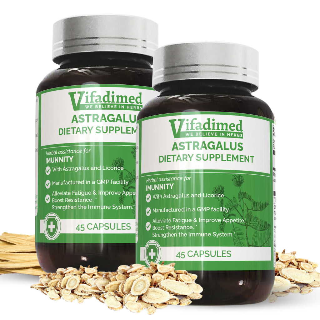 Two bottles of Vifadimed Astragalus dietary supplement with astragalus roots on a white background