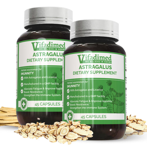 Two bottles of Vifadimed Astragalus dietary supplement with astragalus roots on a white background