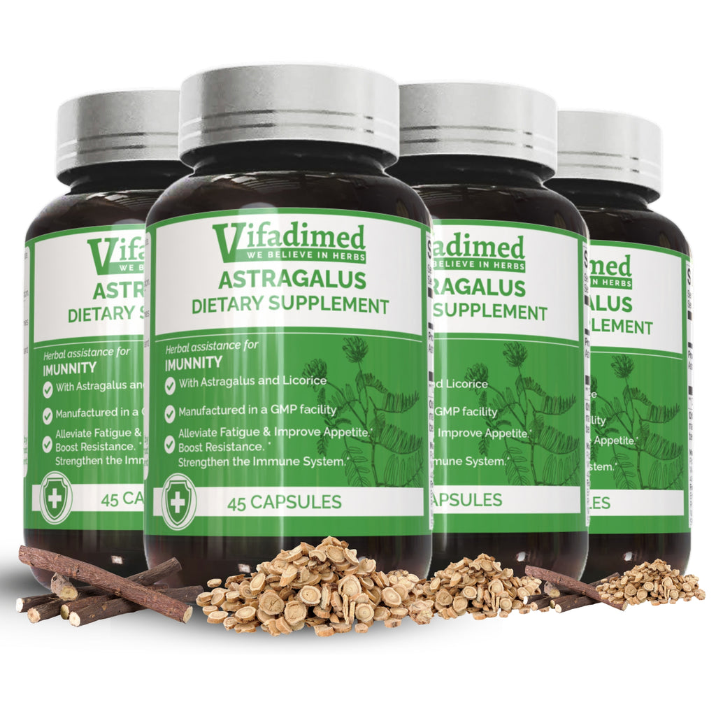 Four bottles of Vifadimed Astragalus dietary supplement with herbs on a white background