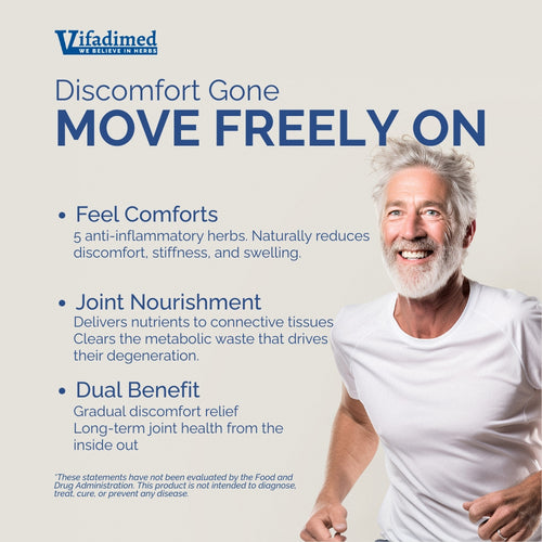 Advertisement for Vifadimed Joint Supplement with a man running and text about discomfort relief and joint health.