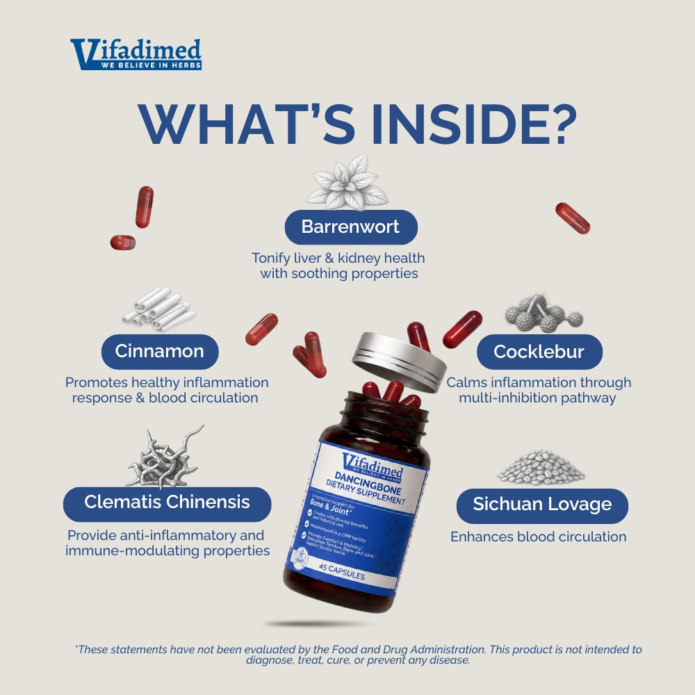 Vifadimed supplement Joint Health bottle with ingredients listed on a light gray background