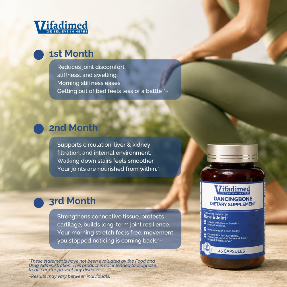 Vifadimed supplement bottle with text on benefits and usage, blurred background of a person exercising.