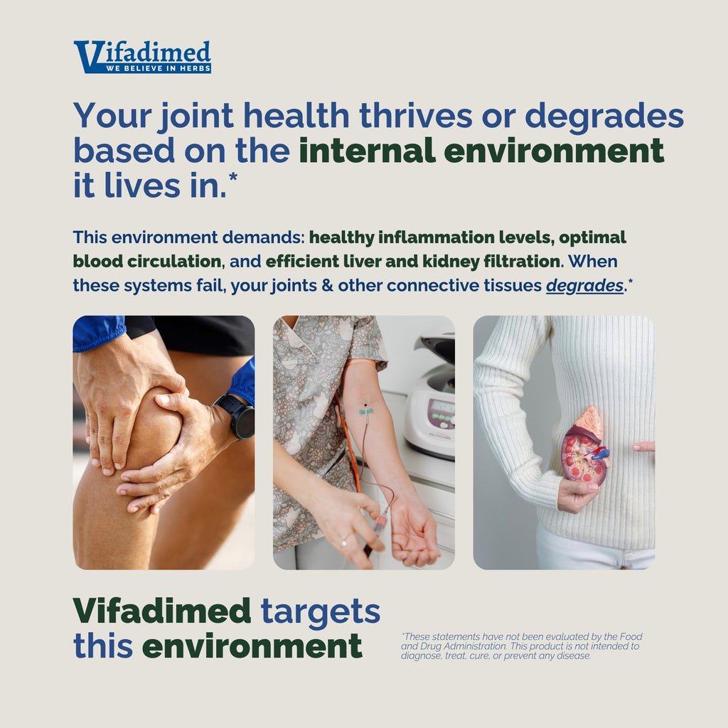 Vifadimed advertisement about joint health and internal environment with red capsules on a light background.