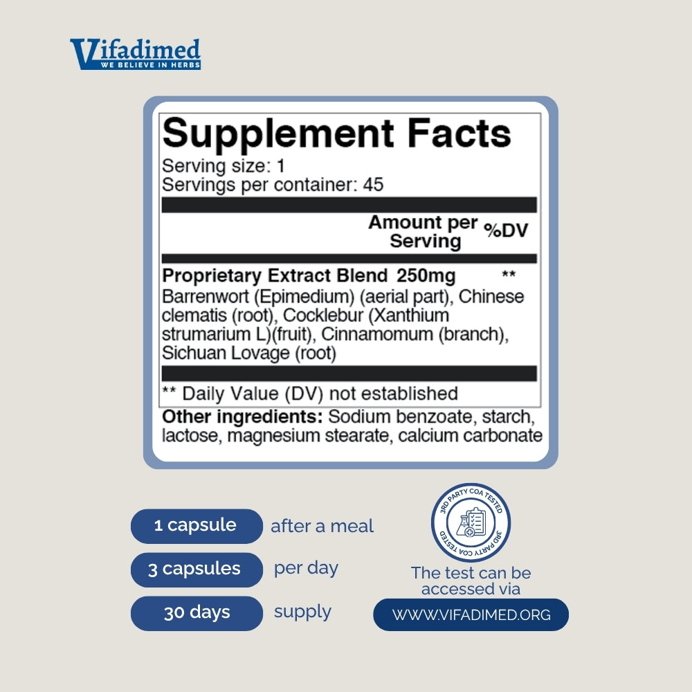 Supplement facts label for a Vifadimed Bone Joint health product on a light gray background