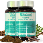 Two bottles of Vifadimed Colon dietary supplement capsules with natural elements in the background, such as herbs and a wooden cross.