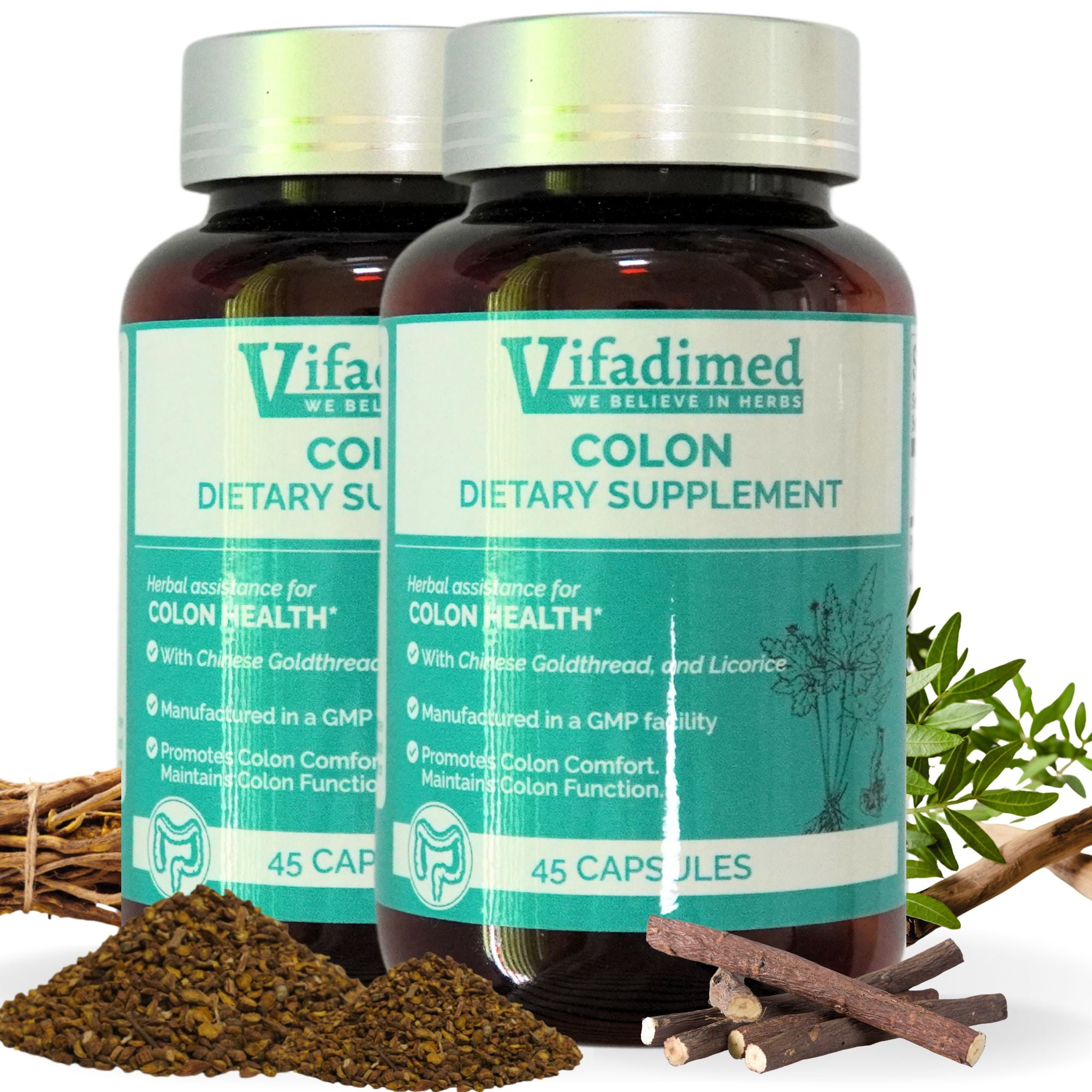 Two bottles of Vifadimed Colon dietary supplement capsules with natural elements in the background, such as herbs and a wooden cross.