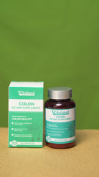 Vifadimed Colon Health supplement bottle and box on a green and brown gradient background