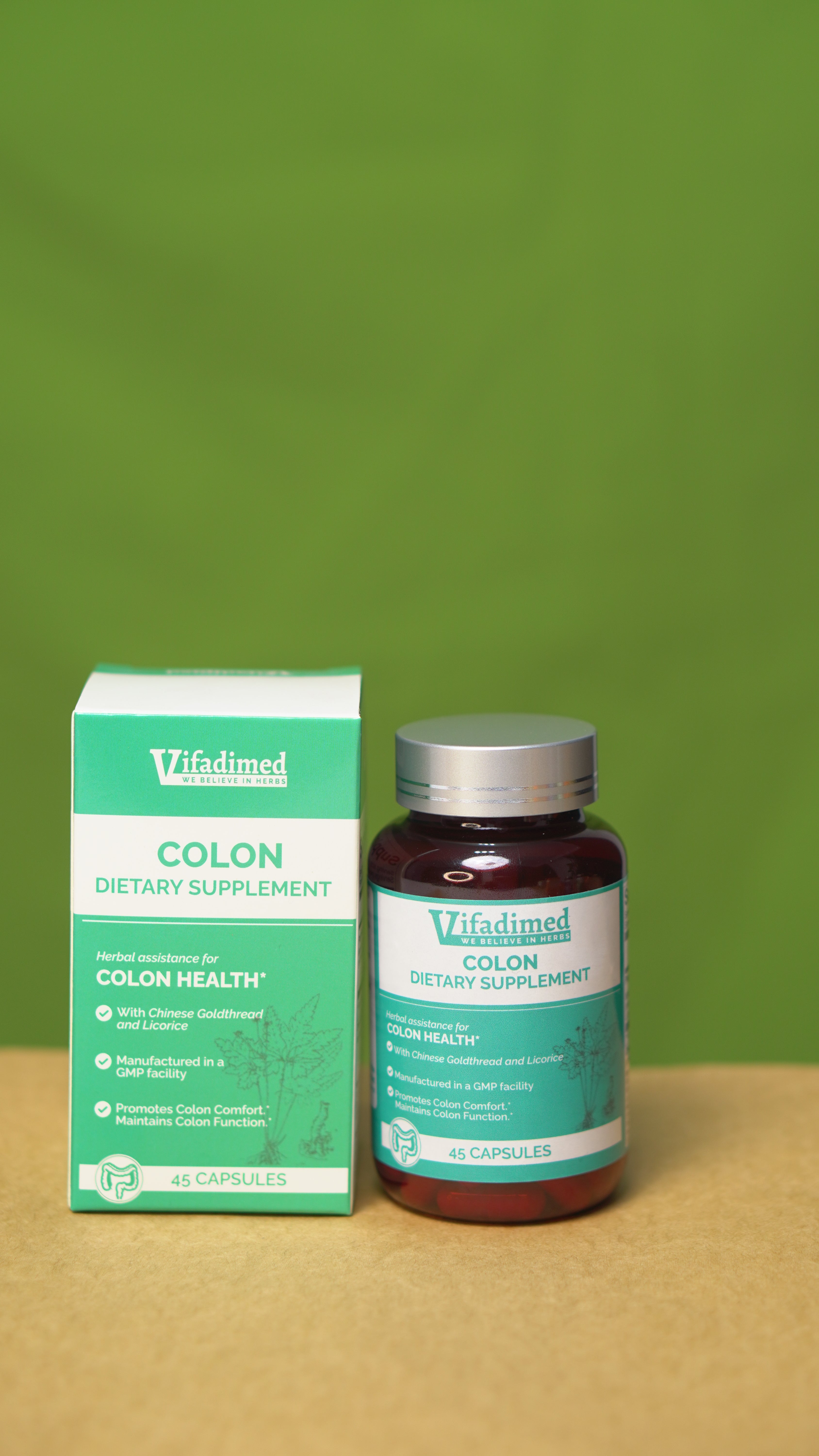 Vifadimed Colon Health supplement bottle and box on a green and brown gradient background