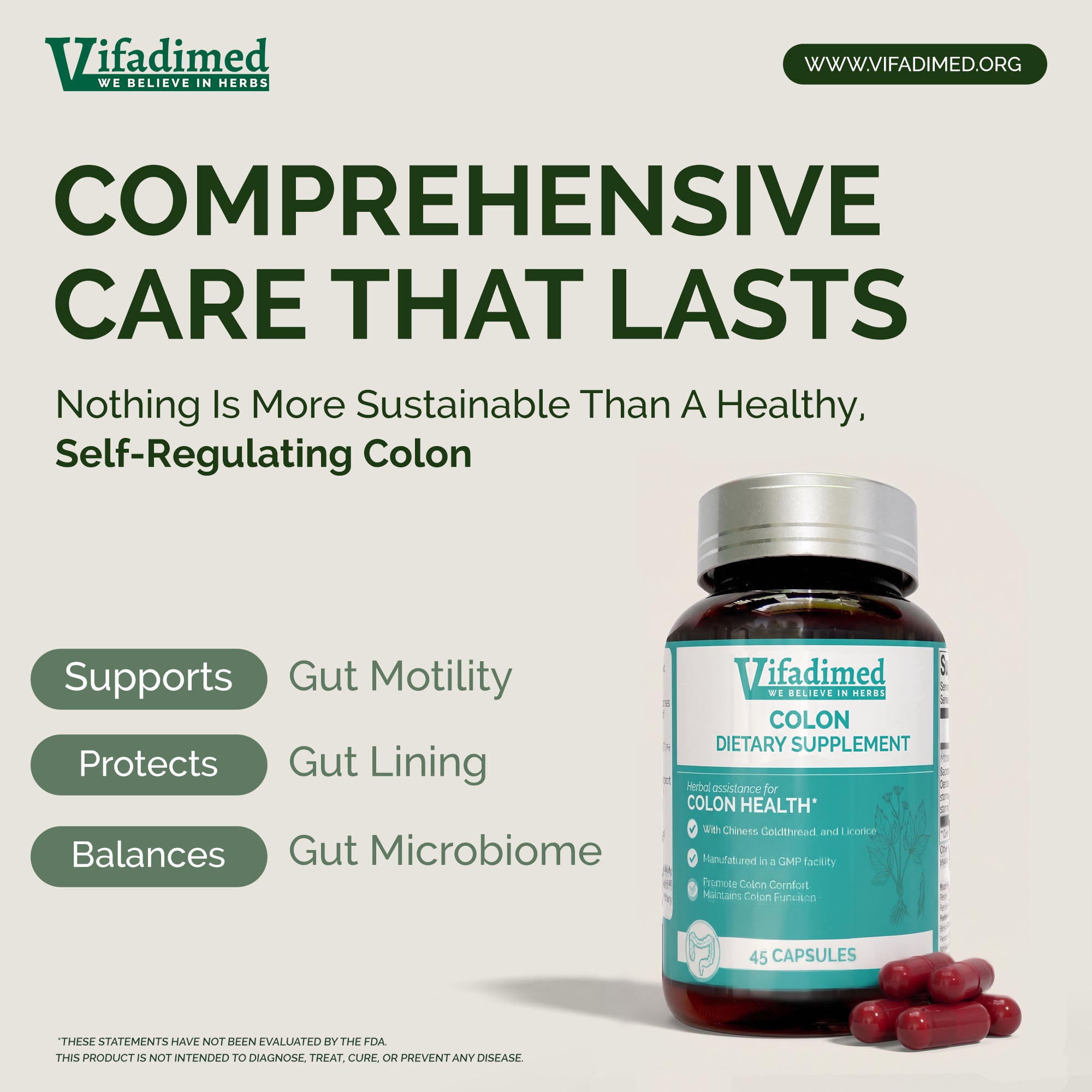 A supplement bottle with Vifadimed  Colon branding and text about colon health on a light background.