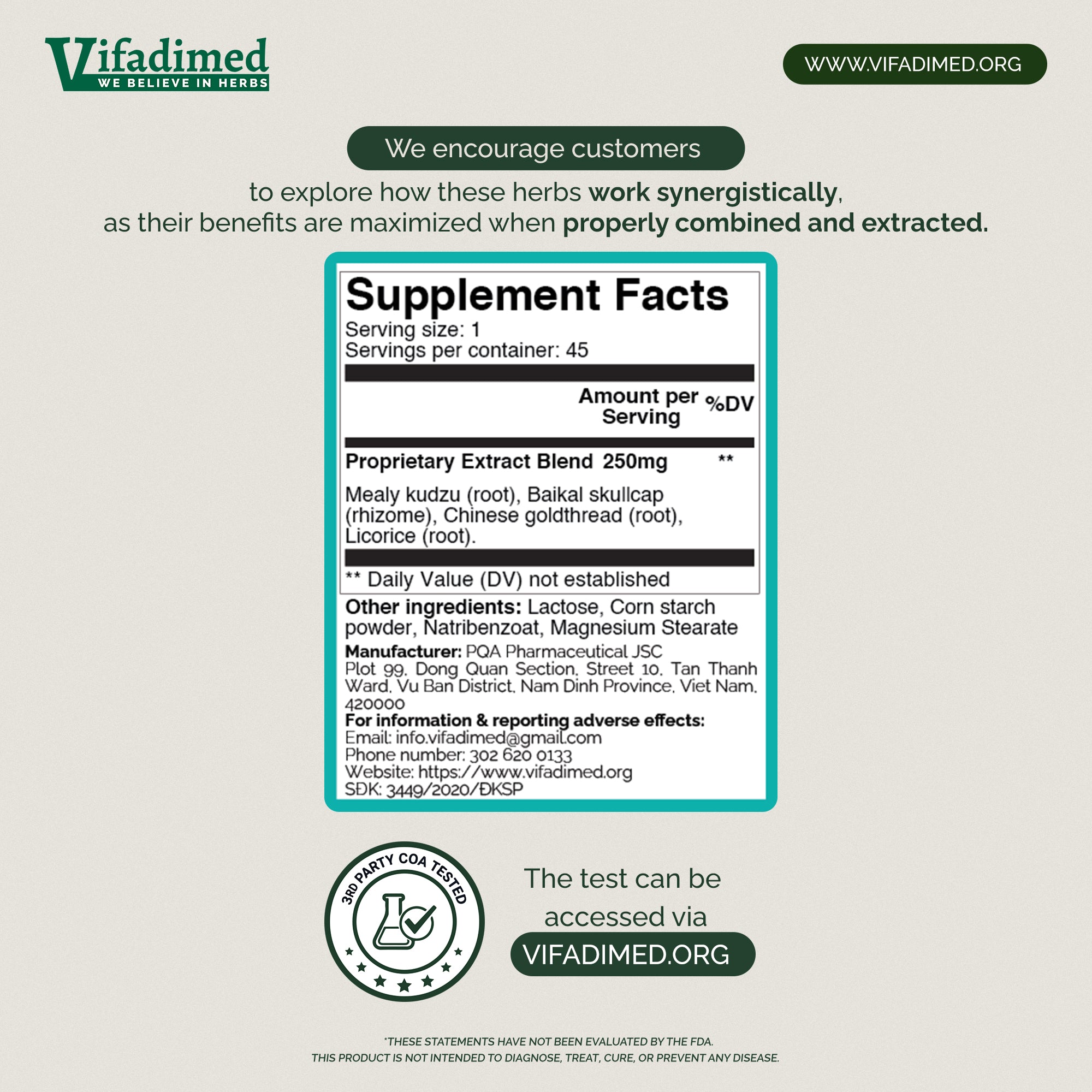 Supplement facts label with Vifadimed colon branding on a light gray background