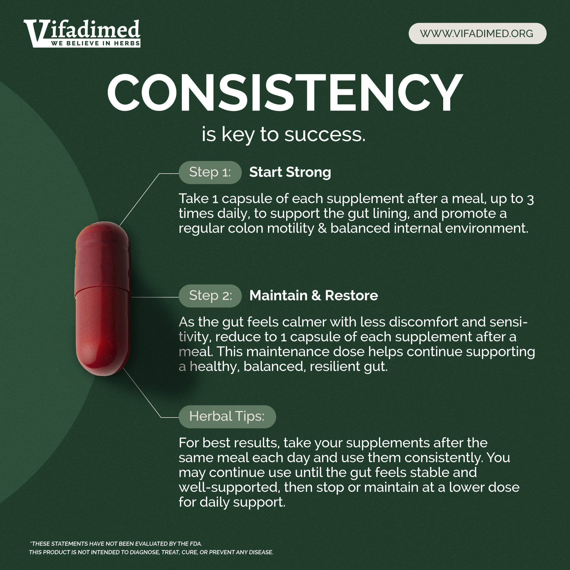 Vifadimed colon supplement capsule with instructions on consistency and success on a green background
