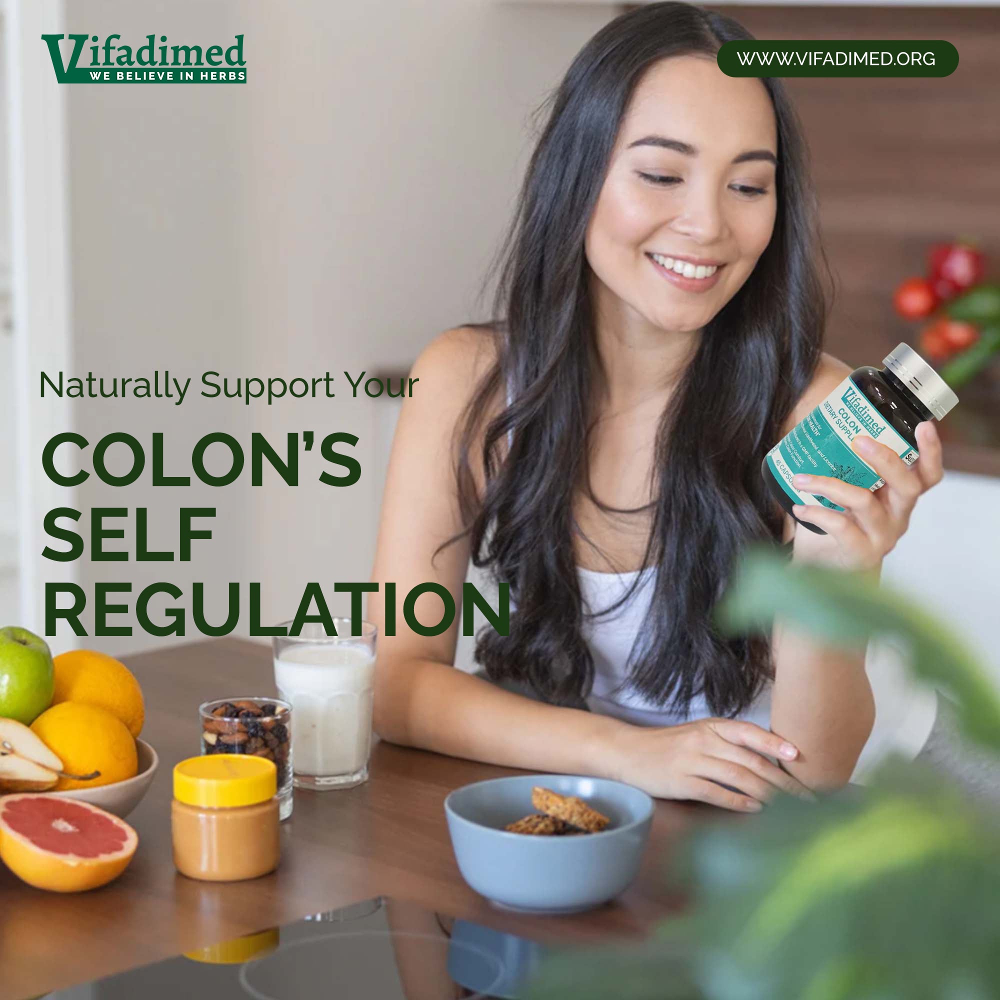 Woman holding a supplement bottle with text about colon health and Vifadimed branding.