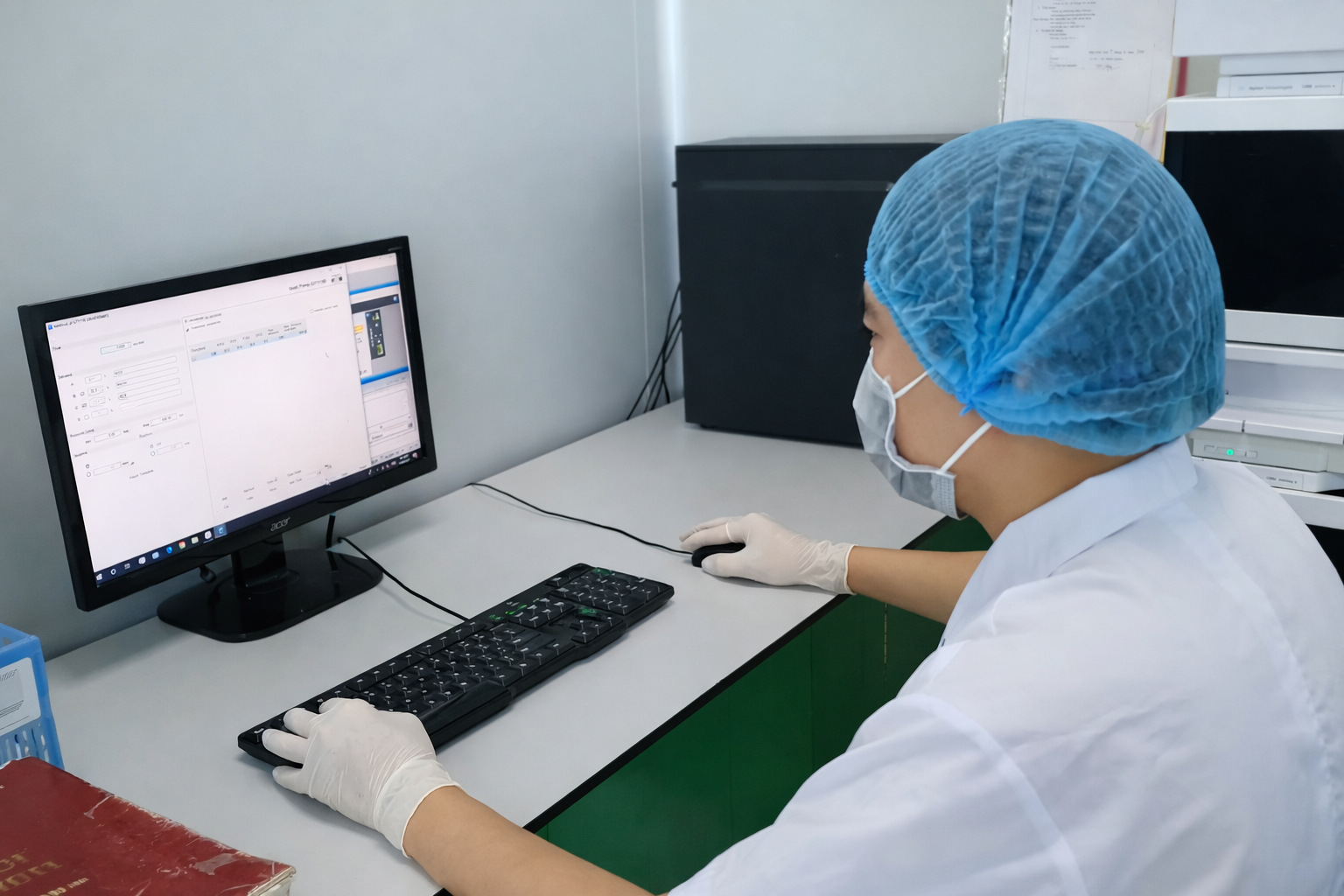 Person in a lab setting using a computer, wearing a hairnet and gloves.