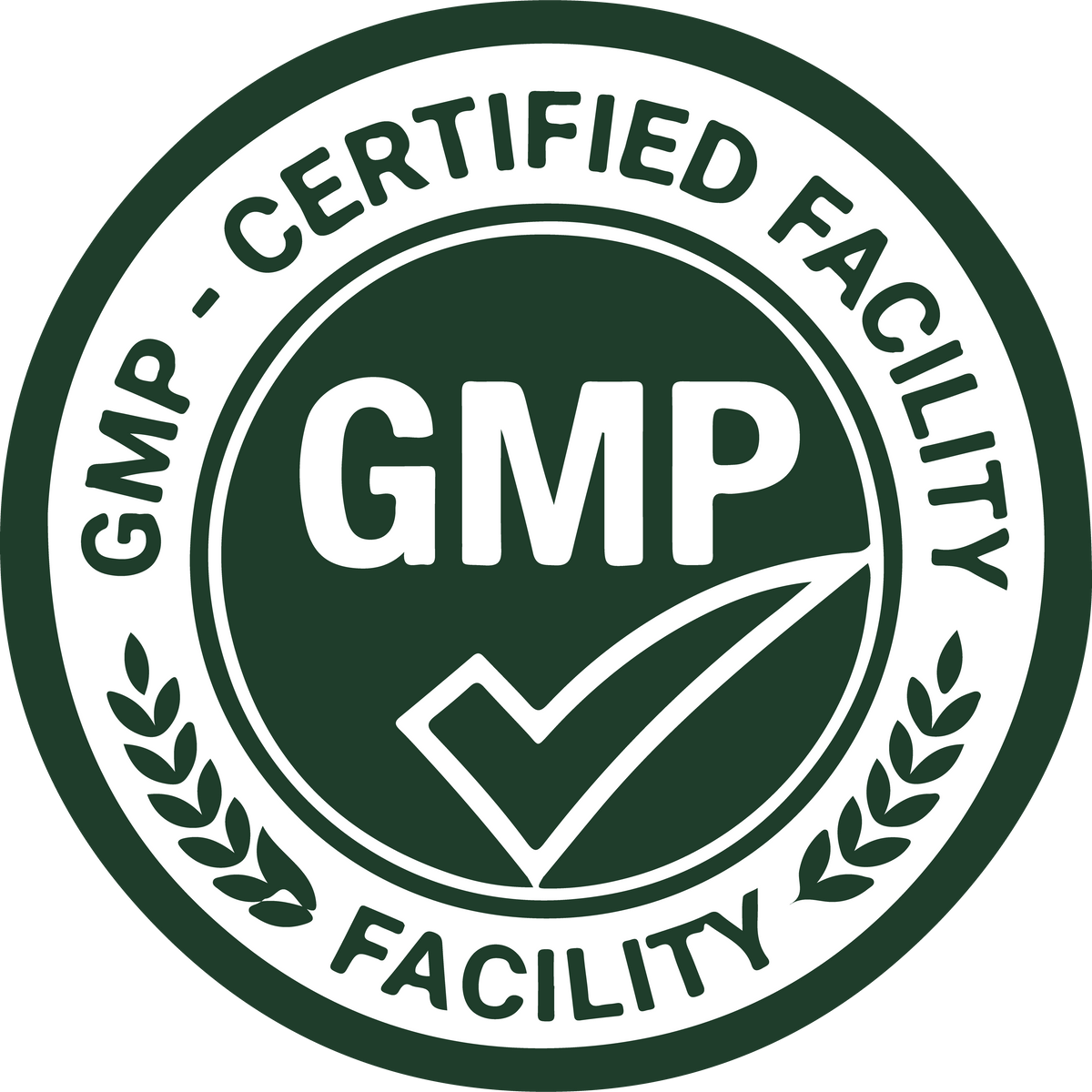 A circular green and white GMP Certified Facility badge with the text 'GMP CERTIFIED FACILITY' and a checkmark in the center.
