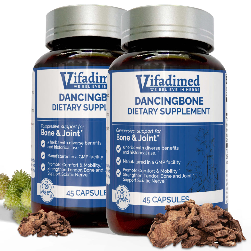 Two bottles of VIFADIMED DANCING BONE dietary supplement, with each bottle containing 45 capsules. The product is displayed with a stack of capsules in front and a plant to the side, indicating natural ingredients.