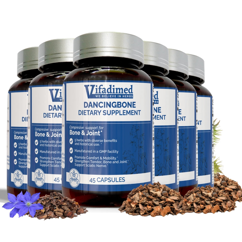 Vifadimed Dancingbone dietary supplement bottles with herbs and a flower on a white background