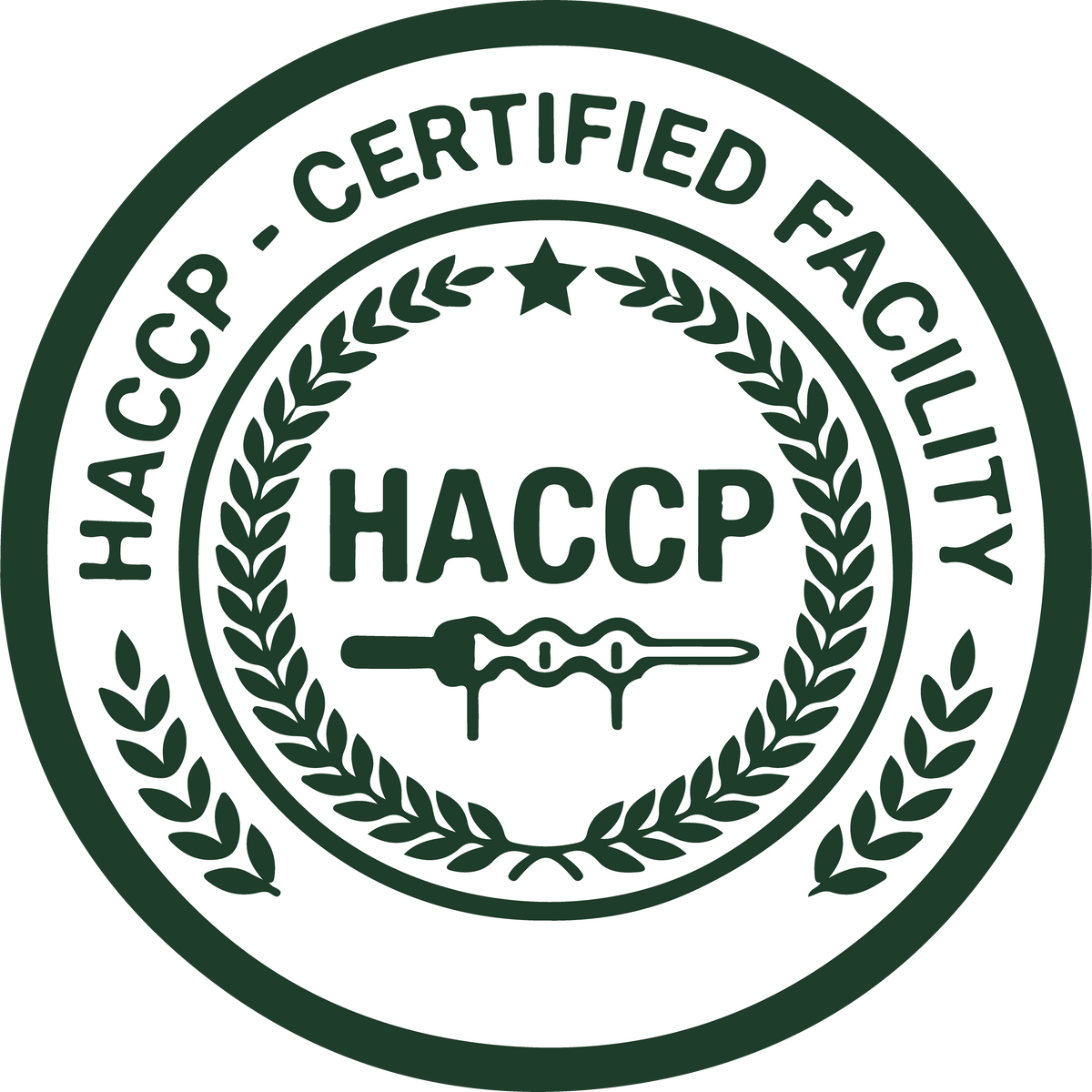 A circular HACCP certified facility emblem with dark green text and laurel wreath details on a white background.