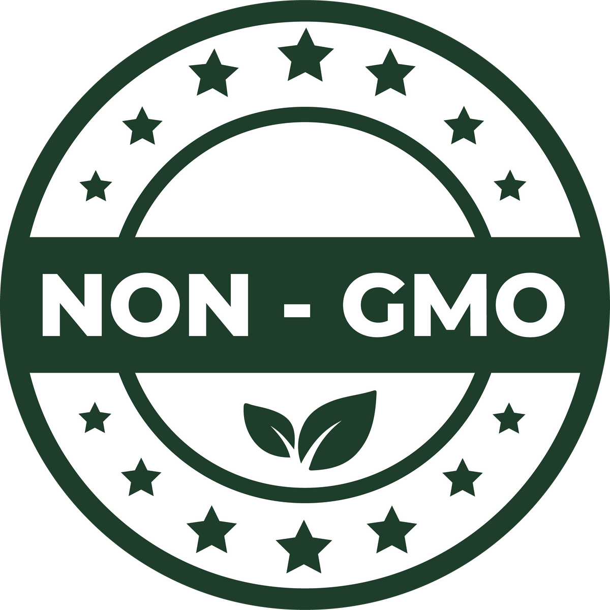 A circular green and white 'NON-GMO' certification-style badge with stars around the border and two leaves at the bottom.