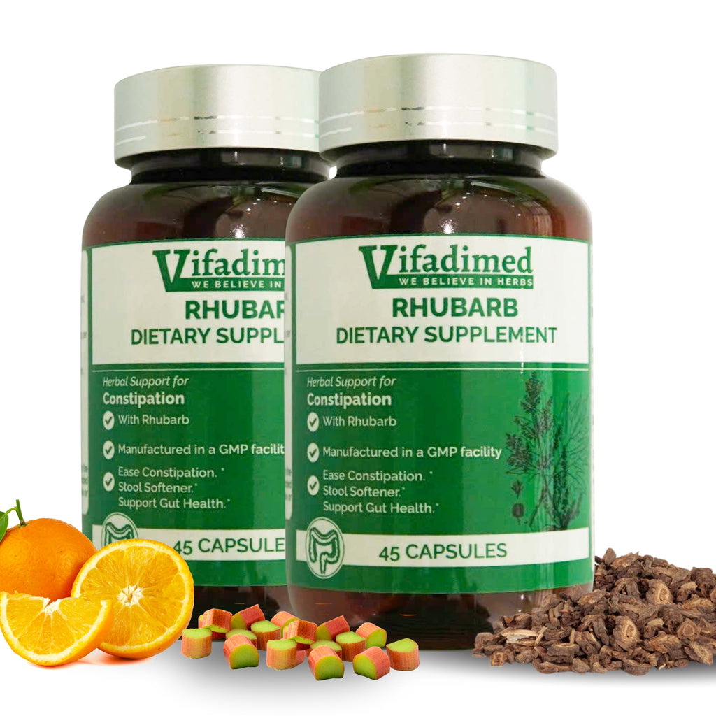 Two bottles of VIFADIMED RHUBARB dietary supplement capsules with an orange and rhubarb pieces in the foreground.