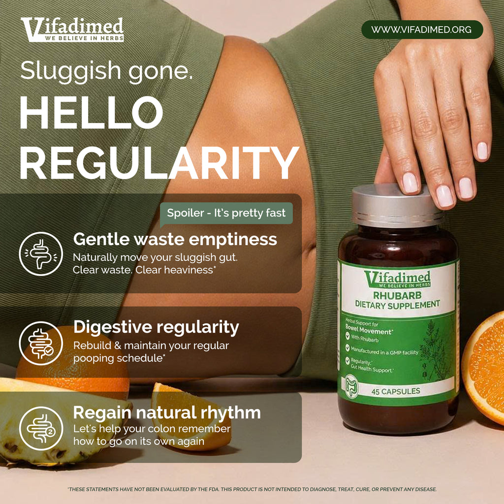 Vifadimed Rhubarb dietary supplement bottle with promotional text of gut health benefits on a neutral background