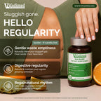 Vifadimed Rhubarb dietary supplement bottle with promotional text of gut health benefits on a neutral background
