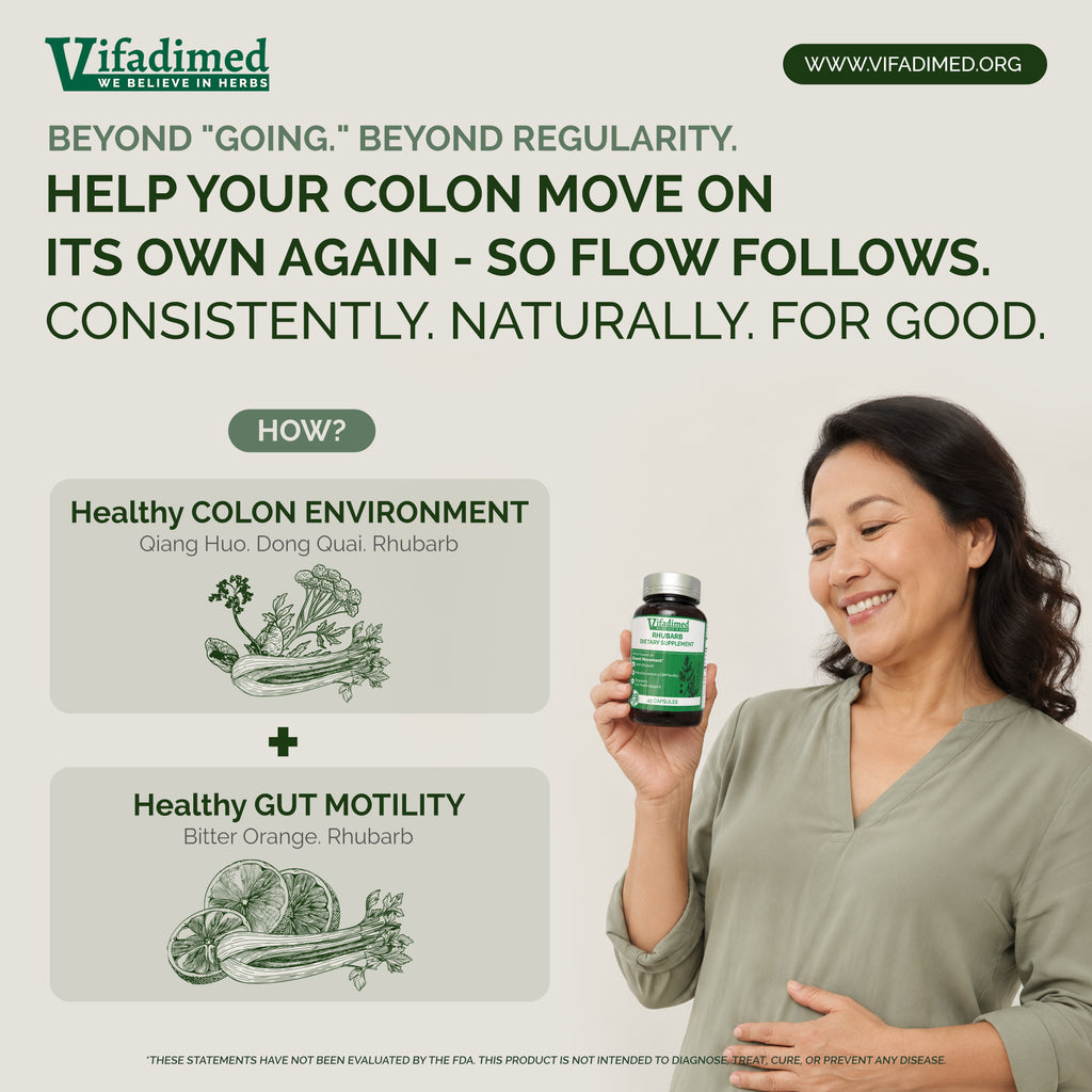 Woman holding a Vifadimed RHubarb supplement bottle with branding and text about colon health on a light background.