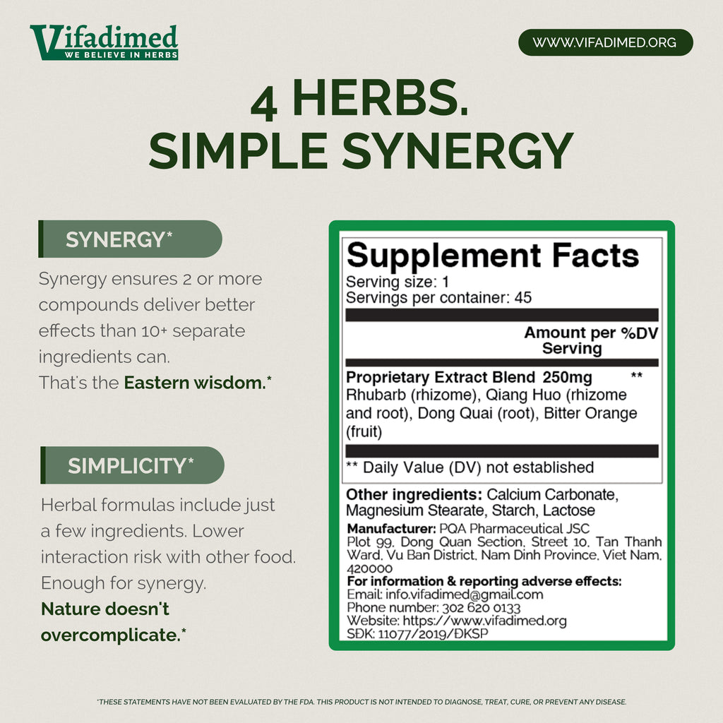 Vifadimed supplement facts label with text about herbs and synergy on a white background