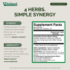 Vifadimed supplement facts label with text about herbs and synergy on a white background