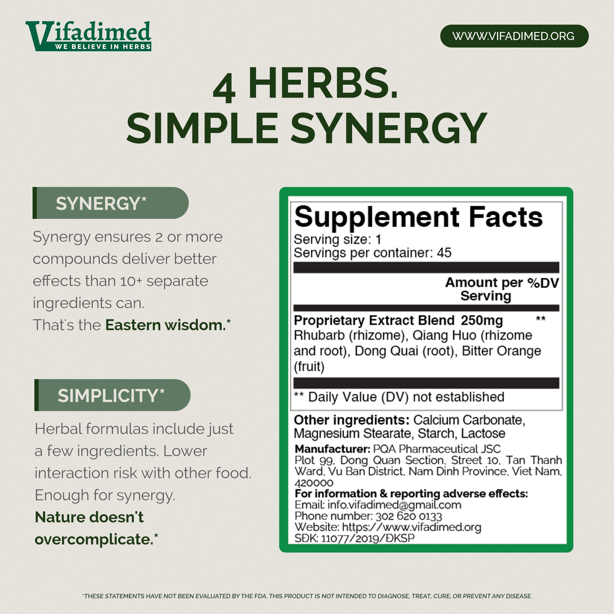 Vifadimed supplement facts label with text about herbs and synergy on a white background