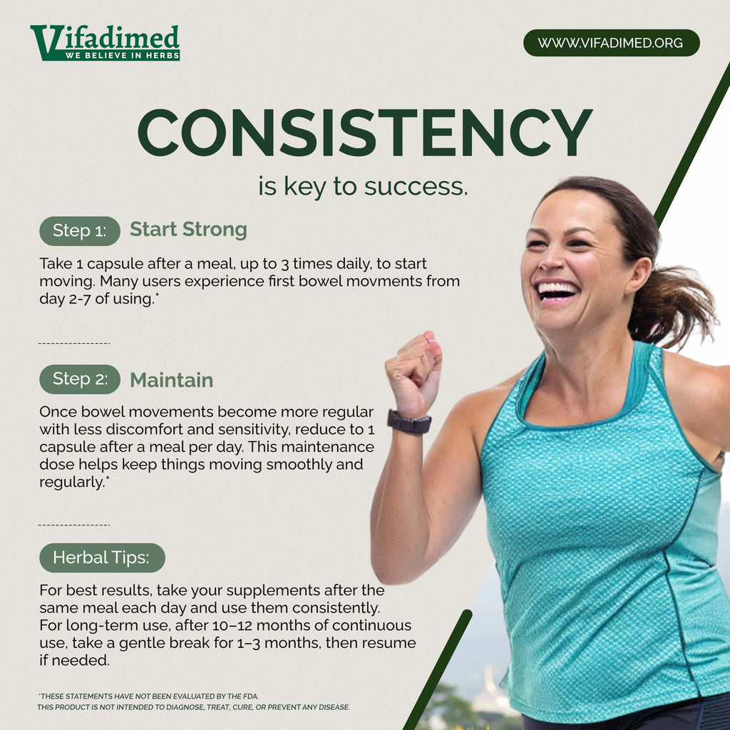 Advertisement for Vifadimed with a woman in a blue tank top and green text about consistency and success.