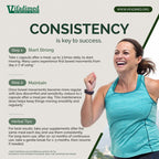 Advertisement for Vifadimed with a woman in a blue tank top and green text about consistency and success.
