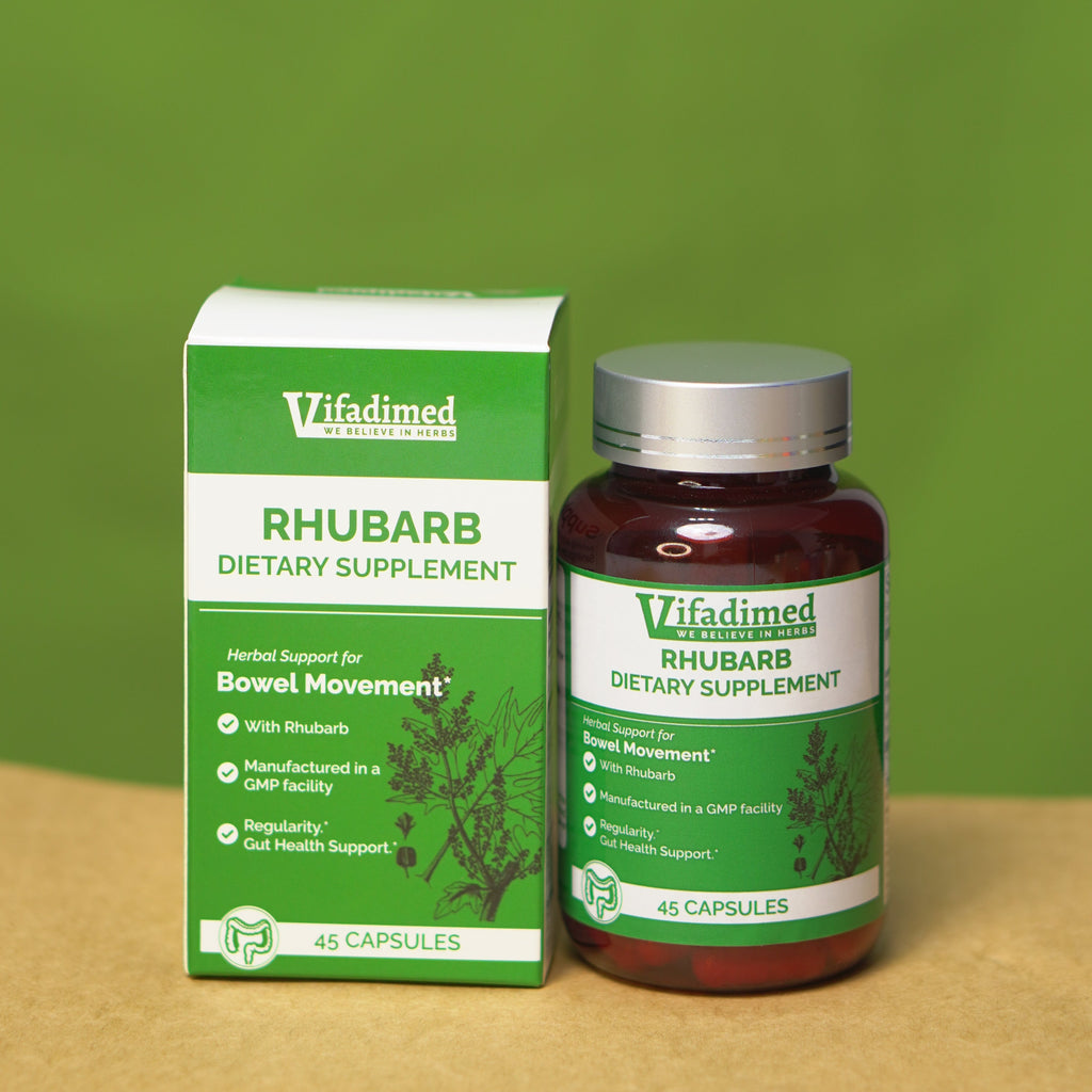 Vifadimed Rhubarb real product image, supplement bottle and box on a green and brown gradient background