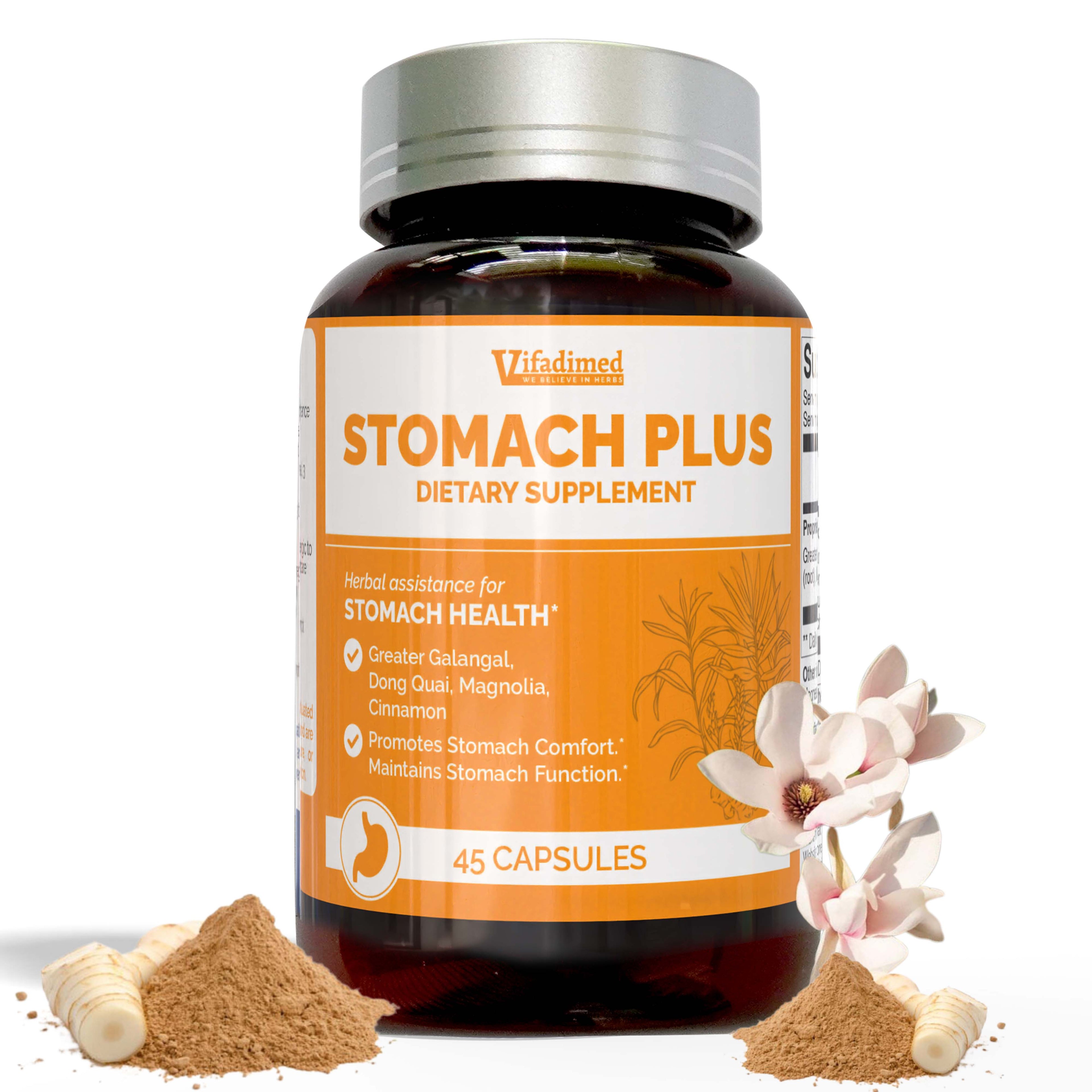 Vitadim Stomach Plus dietary supplement bottle with ingredients on a white background