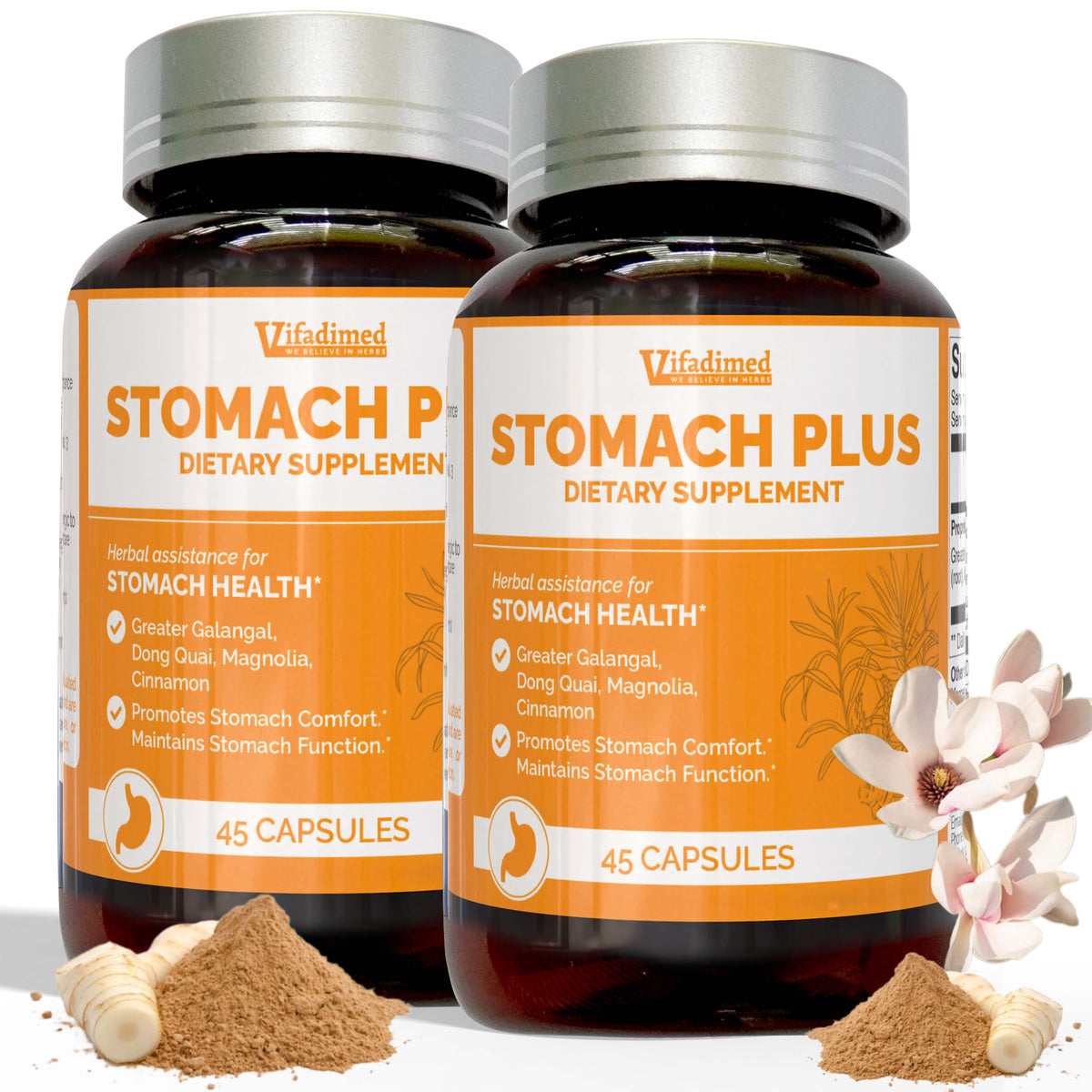 Two bottles of Vifamed Stomach Plus dietary supplements on a white background with herbs and flowers.
