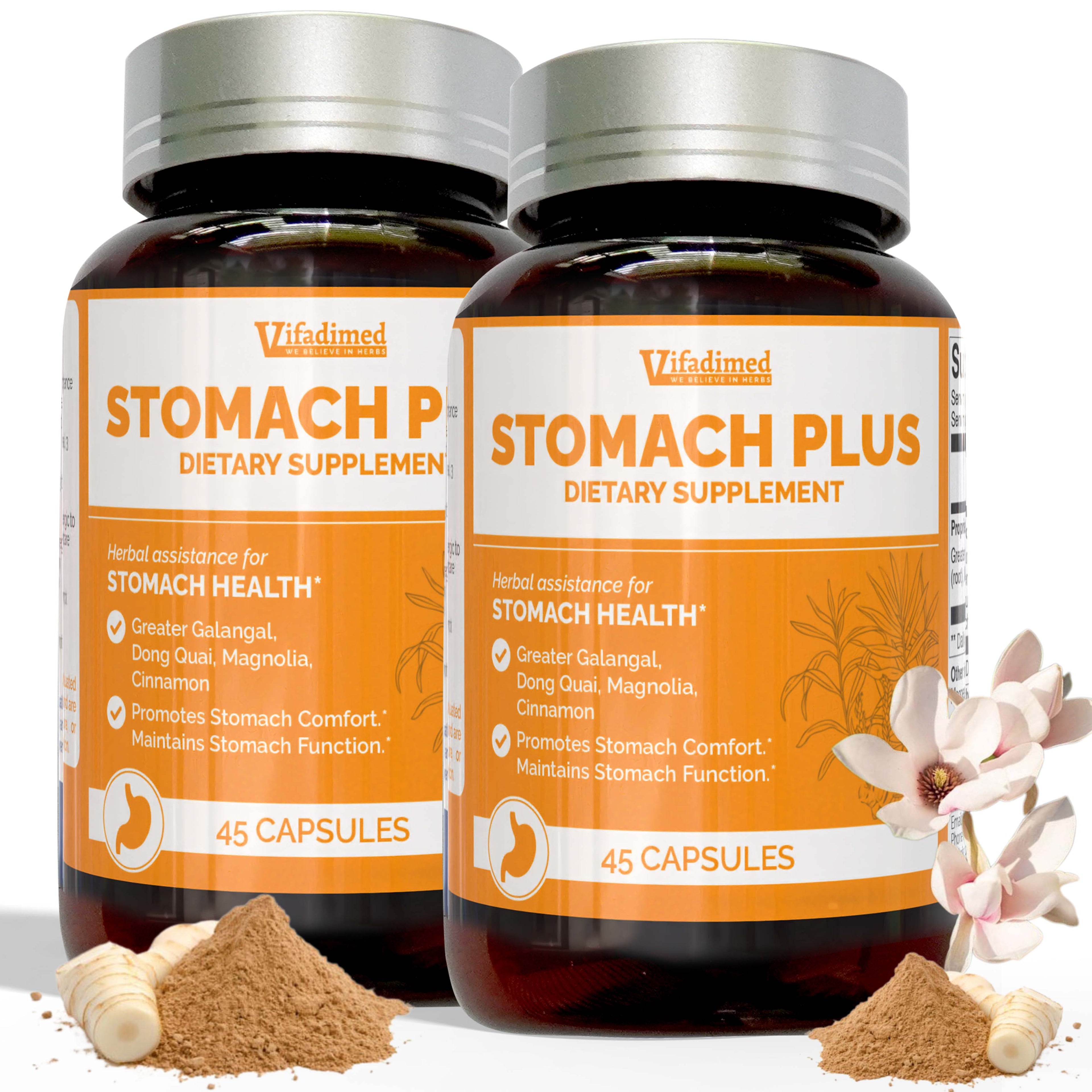 Two bottles of Vifamed Stomach Plus dietary supplements on a white background with herbs and flowers.