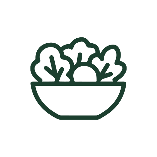 A simple dark green outline icon of a bowl of mixed salad on a plain white background.