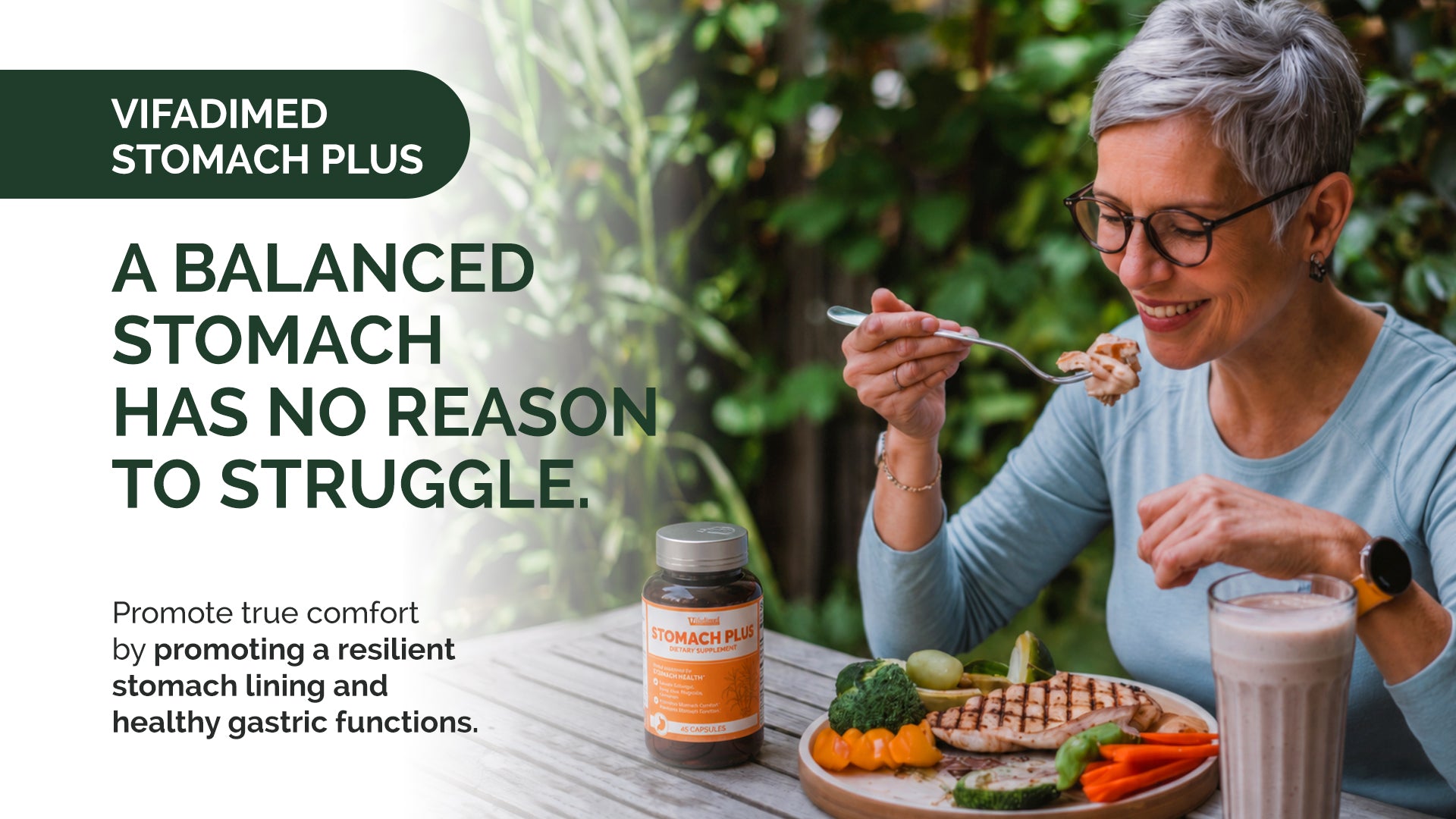 A woman outdoors at a table eating from a spoon while a bottle of Vifadimed Stomach Plus supplements and a glass of milk are placed on the table beside a plate of food. The image includes promotional text and branding for Vifadimed.