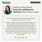A promotional graphic for Vifadimed herbal blend, featuring a smiling woman in a circular profile photo, text describing it as a gentle herbal blend for stomach relief, a block of customer testimonials, and five orange stars on a light beige background.