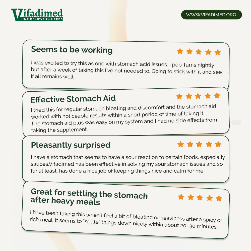 Four customer review cards with star ratings on a white background, featuring the brand name Vifadimed in the top left and website URL in the top right.
