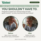 An informational marketing graphic for Vifadimed, featuring text about stomach support and two circular before-and-after photos of a man eating, with customer review text at the bottom.