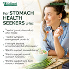 Promotional graphic for Vifadimed featuring a smiling woman in a blue striped shirt eating from a bowl on a wooden table, with text reading 'For STOMACH HEALTH SEEKERS who:' and bullet points about stomach discomfort and support for stomach lining and functions.