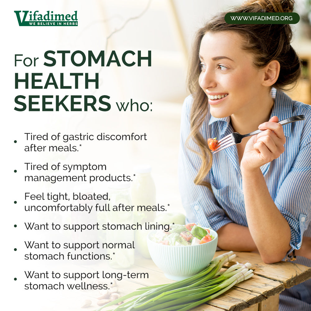Promotional graphic for Vifadimed featuring a smiling woman in a blue striped shirt eating from a bowl on a wooden table, with text reading 'For STOMACH HEALTH SEEKERS who:' and bullet points about stomach discomfort and support for stomach lining and functions.