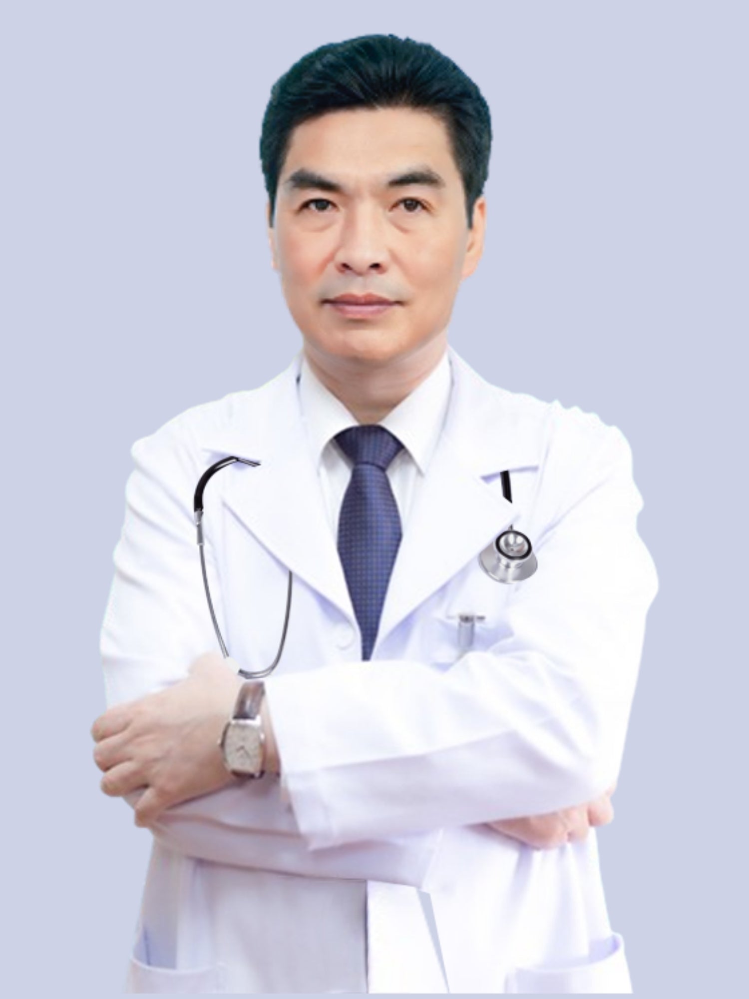 Doctor in a white coat with arms crossed on a light gray background